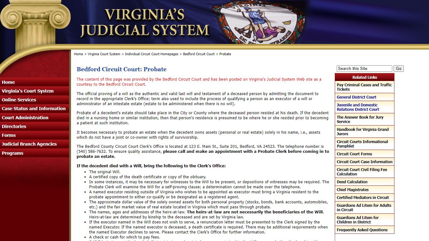 Bedford Circuit Court: Probate - Judiciary of Virginia